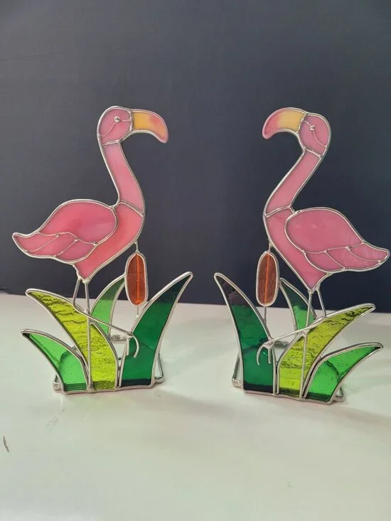 Stained Glass Flamingo Candle Holders Pink & Green 8 Inches Tall Set Of 2 - Picture 6 of 7